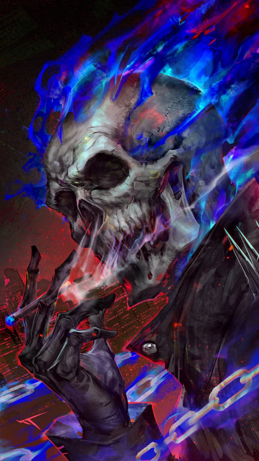 Skeletal skull with blue flames and a lit cigarette above a red glowing city with a heavy metal chain.
