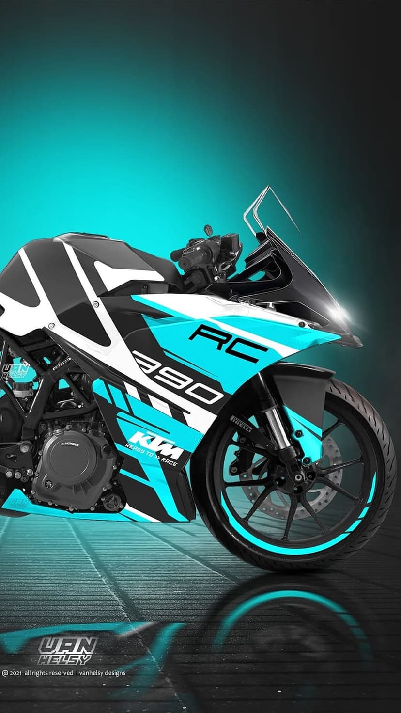 KTM RC 390 sportbike with cyan fairings and black accents stands against a teal and dark gradient background.
