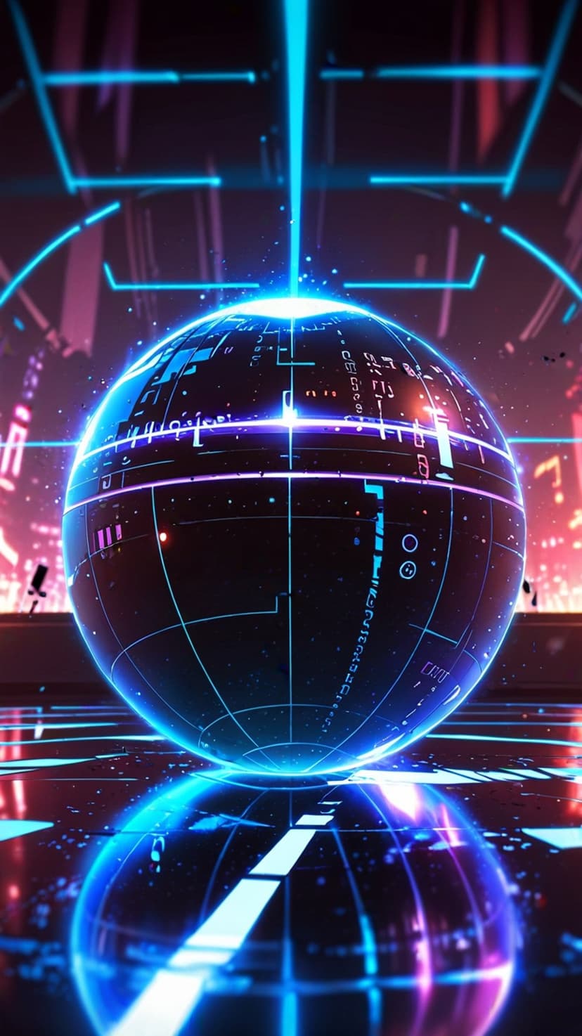 Luminous digital globe with blue neon circuitry and a geometric grid reflecting onto a dark ground surface.