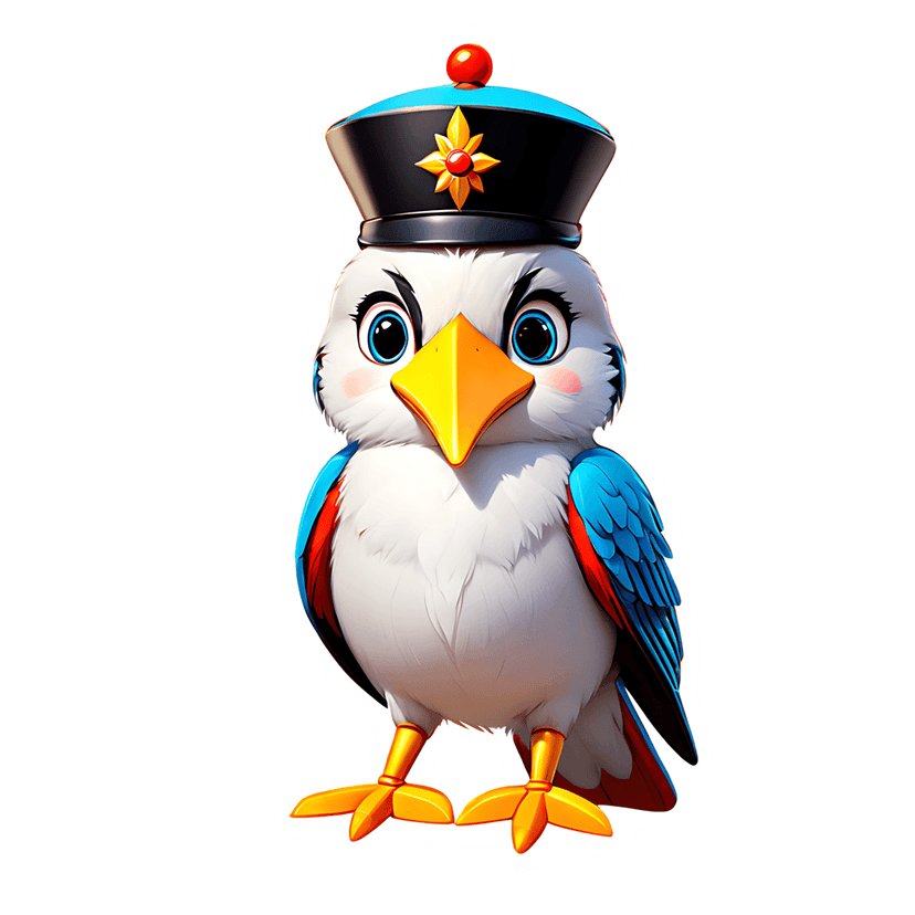 White hatted bird mascot with fluffy plumage and blue wings faces forward in a glossy 3D rendering style.