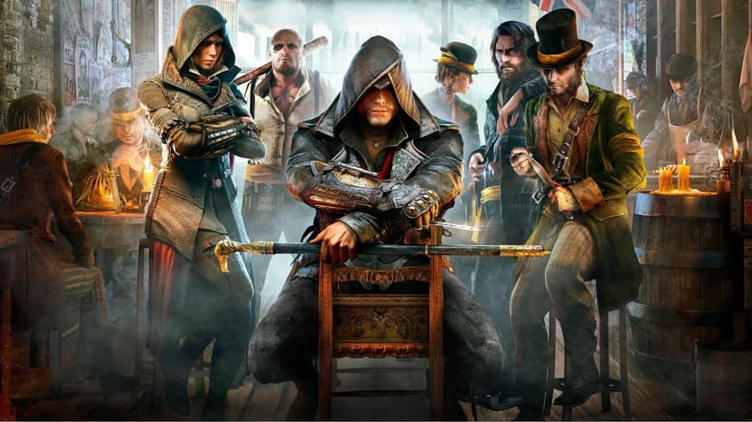 Jacob Frye sits on a chair holding a cane sword surrounded by his gang in a dim Victorian pub setting.