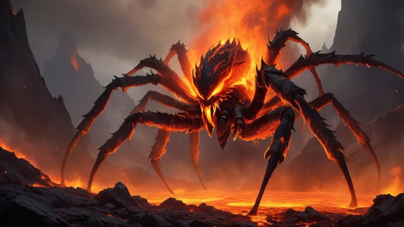 Giant dark spider with glowing orange eyes stands on volcanic rock surrounded by flowing lava and black smoke.