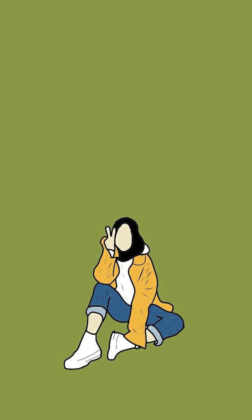 Woman wearing a hijab and yellow jacket sits on the floor making a peace sign against a green background.