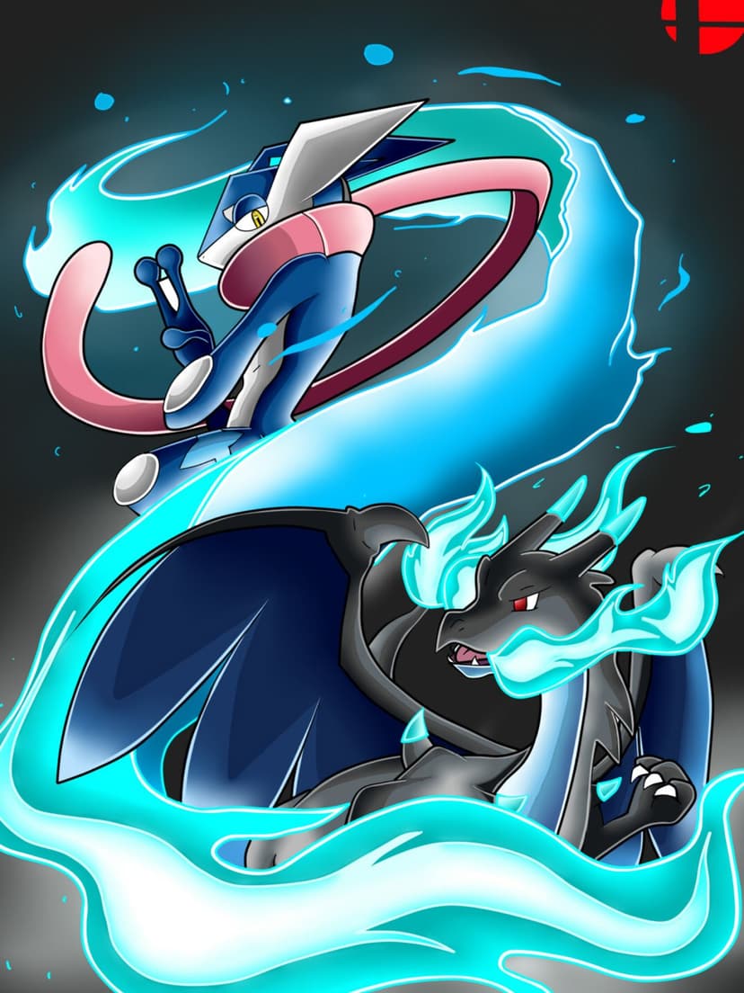 Ash-Greninja and Mega Charizard X pose amidst swirling blue flames and a dark background in this portrait artwork.