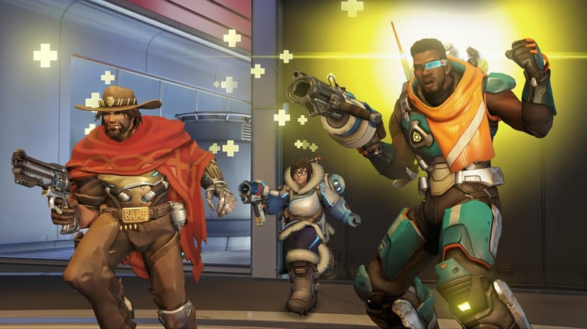 Cassidy, Mei, and Baptiste battle in a futuristic lab surrounded by glowing yellow healing symbols and bursts.