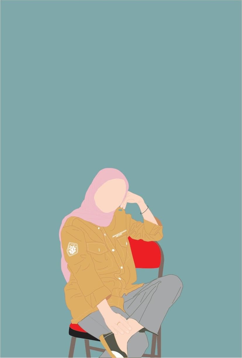 Woman in a pink hijab and tan uniform sits on a red chair against a solid teal background with hand on head.