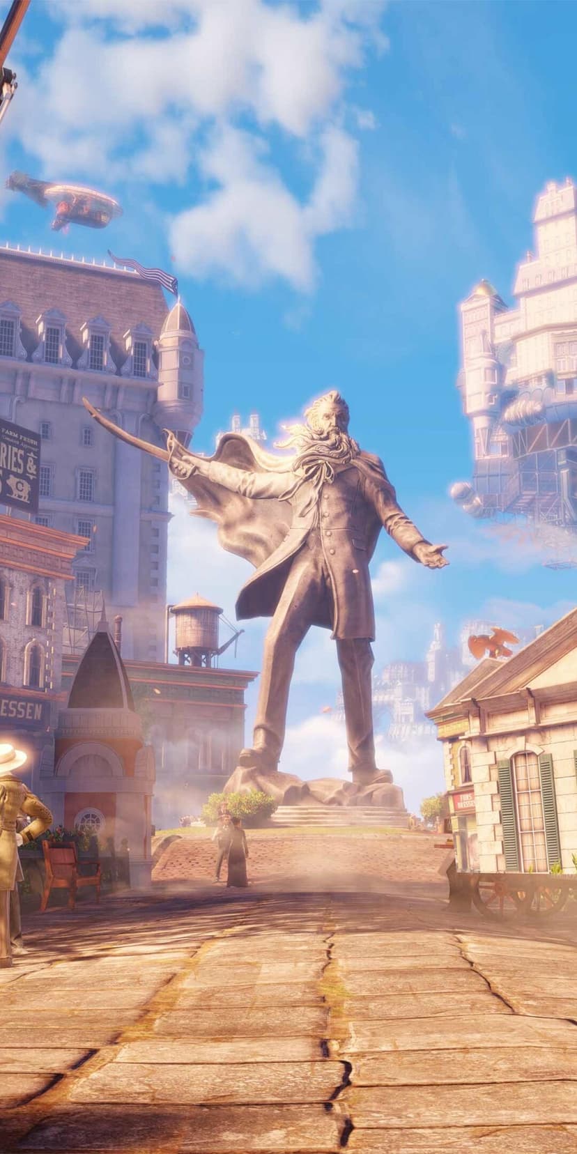 Stone statue of a bearded man with a sword in a floating steampunk city under a bright blue sky with clouds.