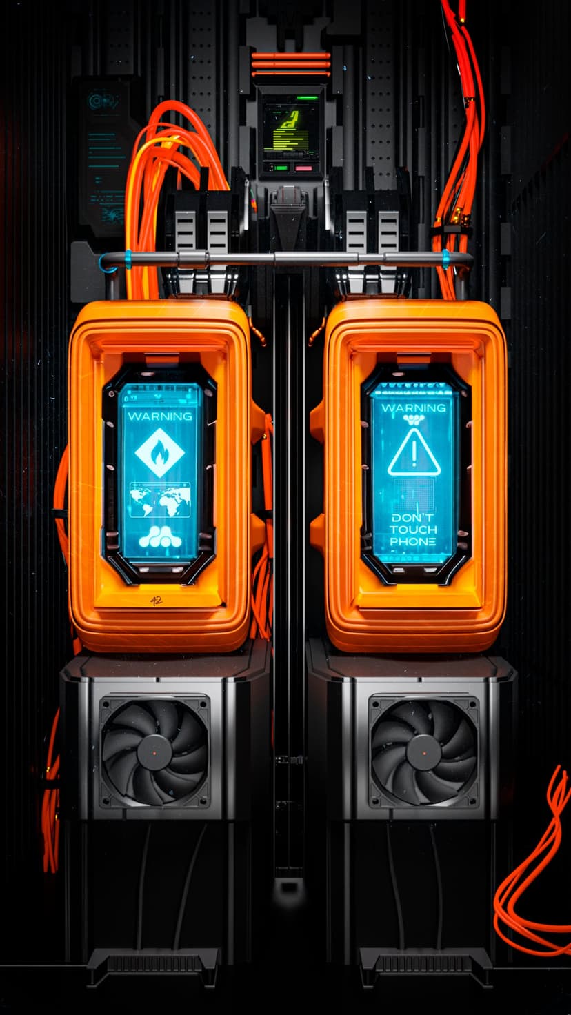 Twin glowing blue screens with warning icons inside orange industrial frames with thick cables and cooling fans.