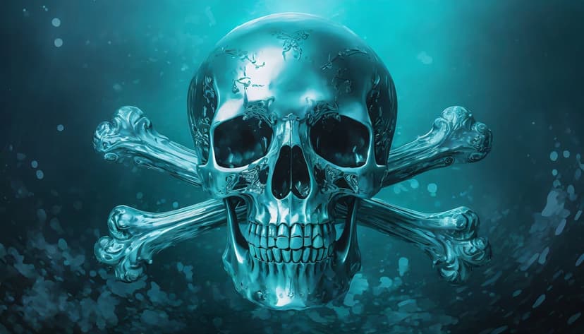 Polished chrome skull and crossbones symbol submerged in dark blue water with floating particles and soft light.