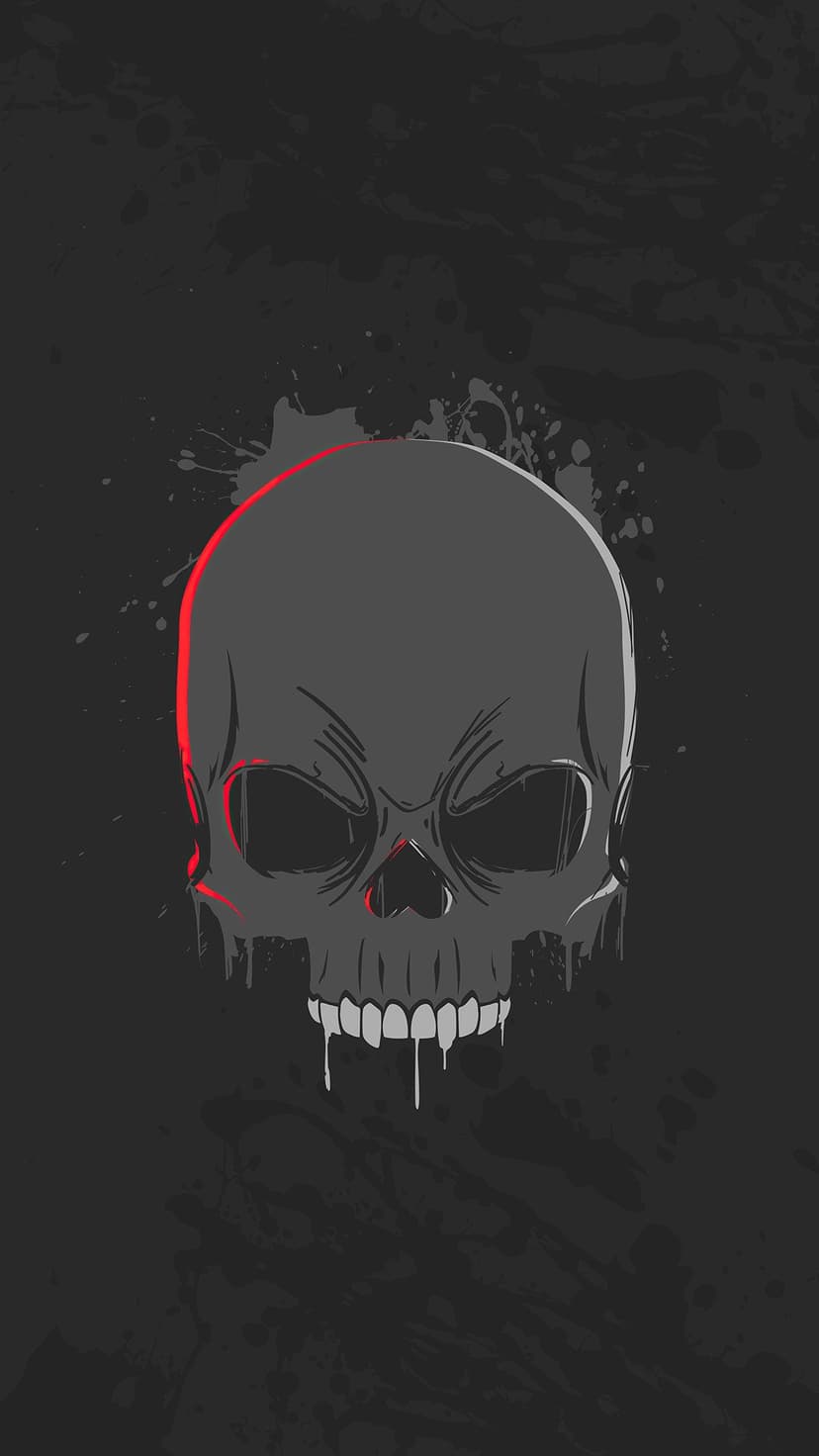 Dark skeletal head with a bold crimson mark on the brow and jagged teeth set against a textured gray surface.