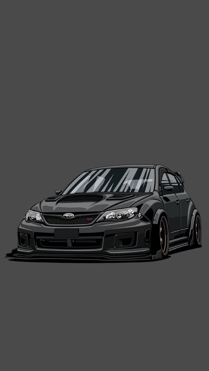 Black widebody Subaru WRX STI hatchback with bronze wheels centered on a solid dark gray background.