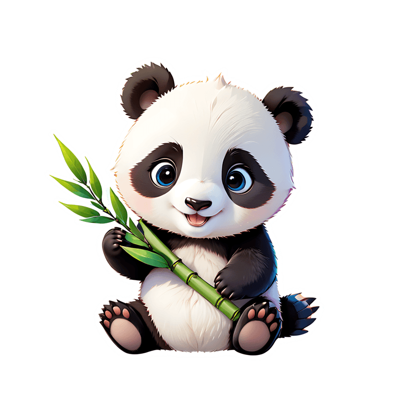 Blue eyed panda sticker sitting while holding a green bamboo branch. Features fluffy fur and white outline.