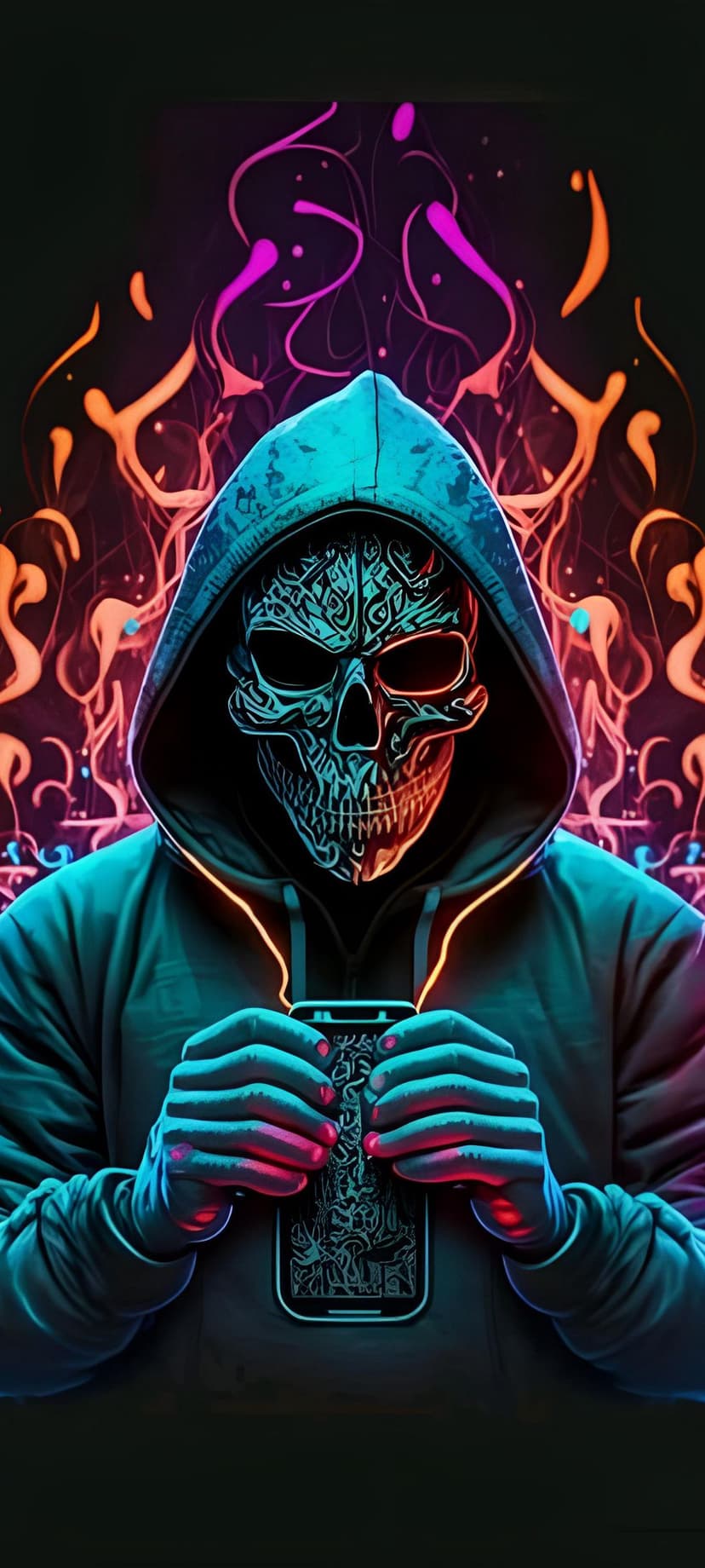 Hooded skull with glowing circuitry patterns holds a smartphone against a backdrop of orange and purple neon flames.