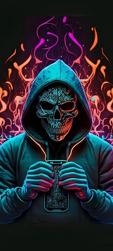 Hacker Skull with Glowing Neon and Phone