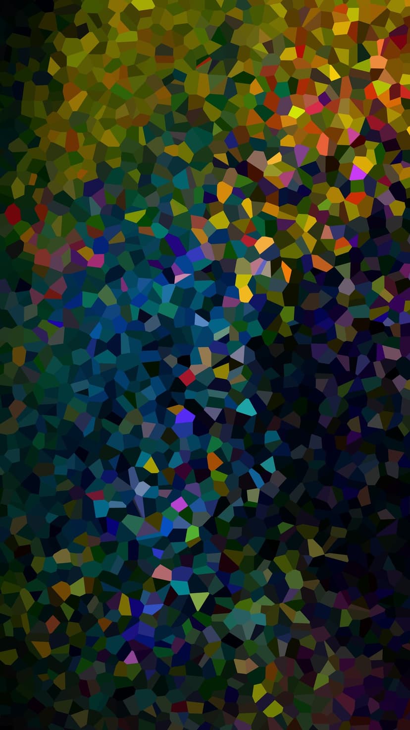Multicolored geometric mosaic featuring interlocking shapes in blue, green, red, and yellow with deep shadows.