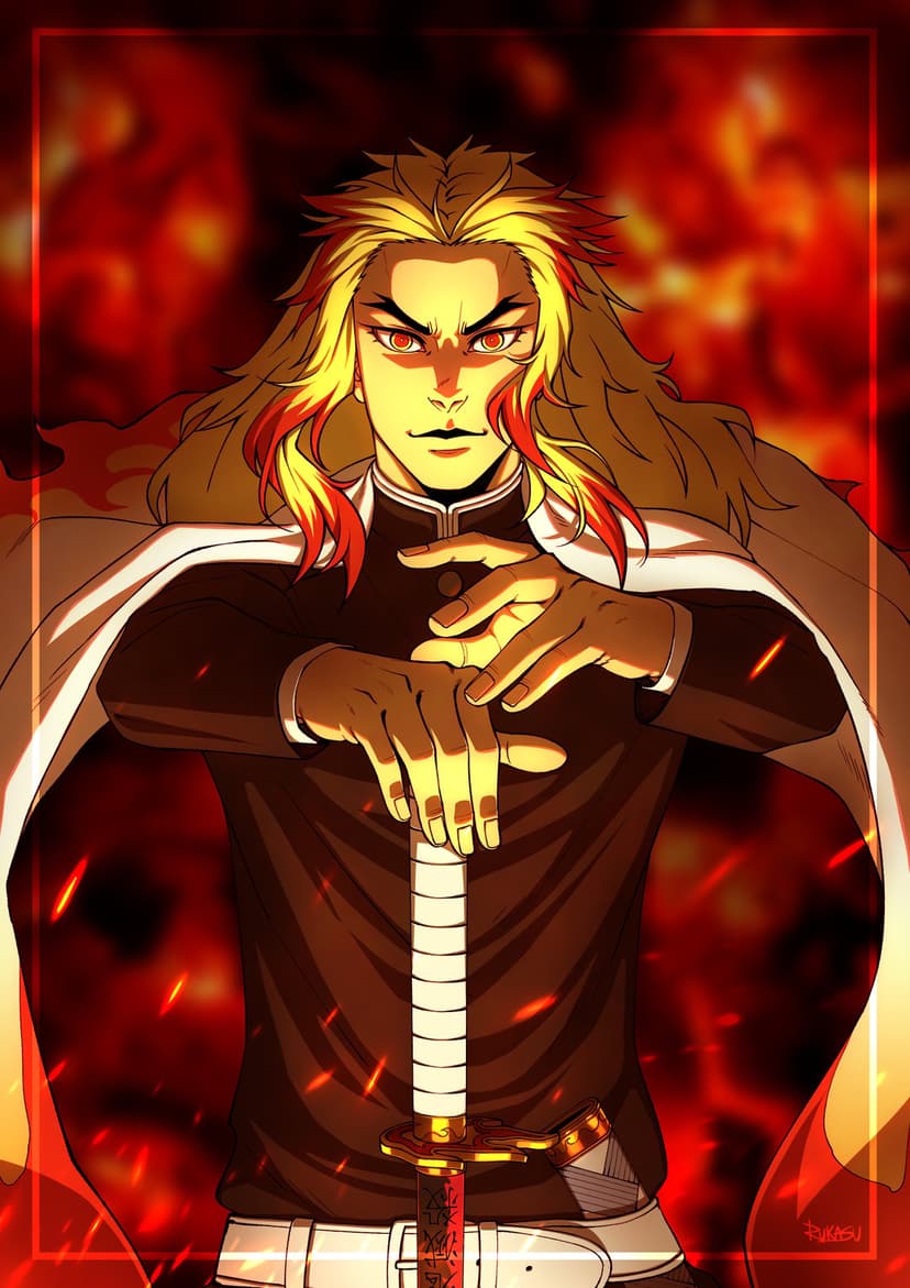 Kyojuro Rengoku grips his flame sword while surrounded by swirling orange embers and bright fire in a portrait view.