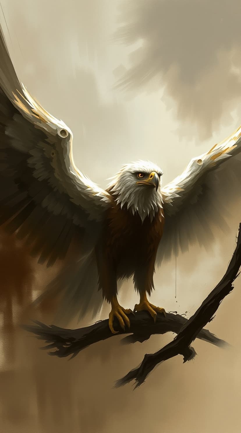Bald eagle with wings spread wide perches on a gnarled branch against a hazy, atmospheric golden-grey backdrop.