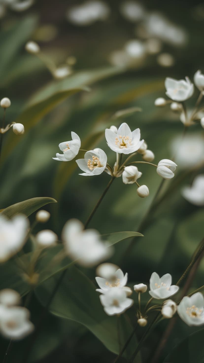 White wildflowers with yellow centers grow among lush green leaves in a sun-drenched forest with soft bokeh.