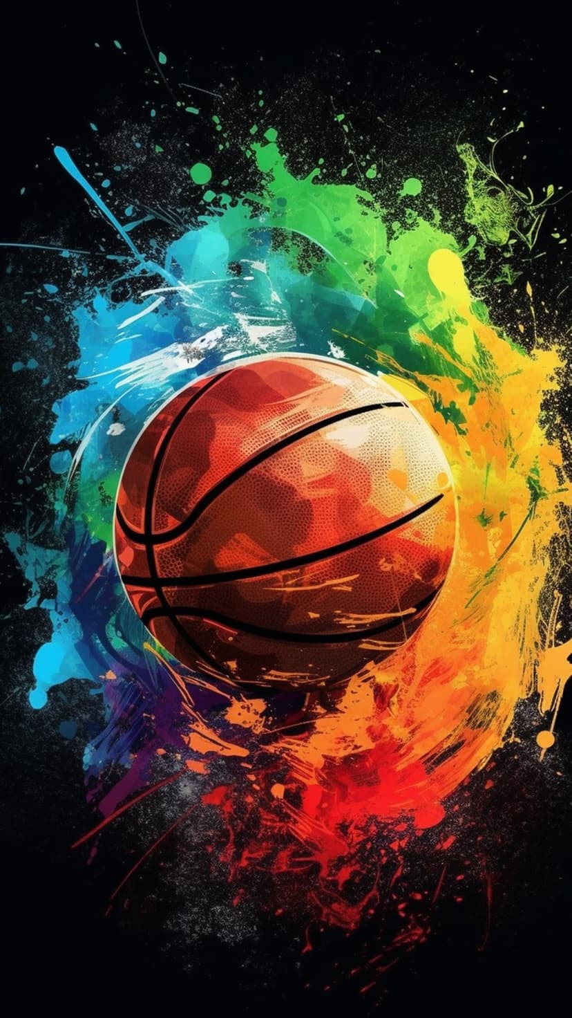 Textured basketball caught in a vibrant rainbow paint explosion with energetic splatters and drips.