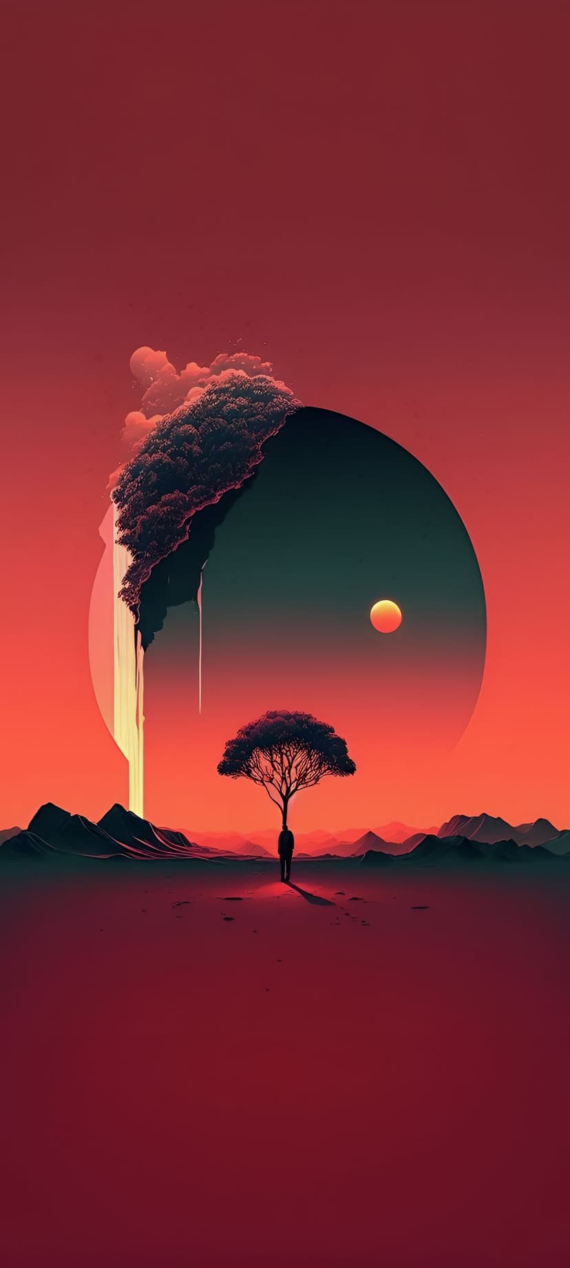 Lone leafless tree and small human silhouette standing in a red desert under a massive dark circular portal.