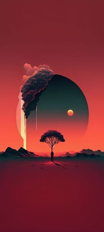 Surreal desert landscape with a solitary tree at sunset