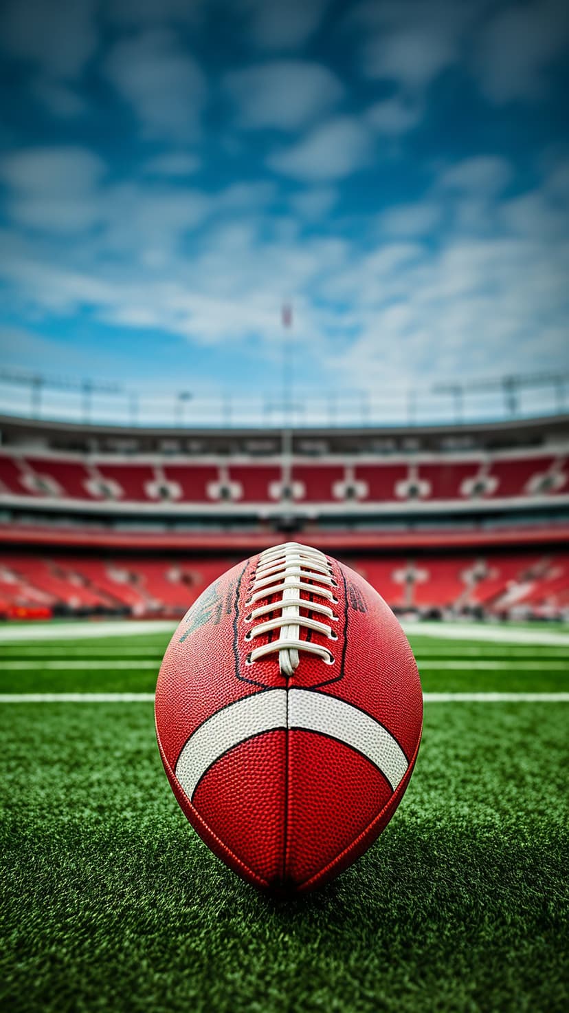 American football with white laces sits on a green turf field with blurred red stadium seats in the background.