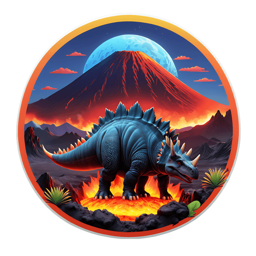 Spiked blue dinosaur stands on glowing orange lava inside a circular frame with a moon and erupting volcano.