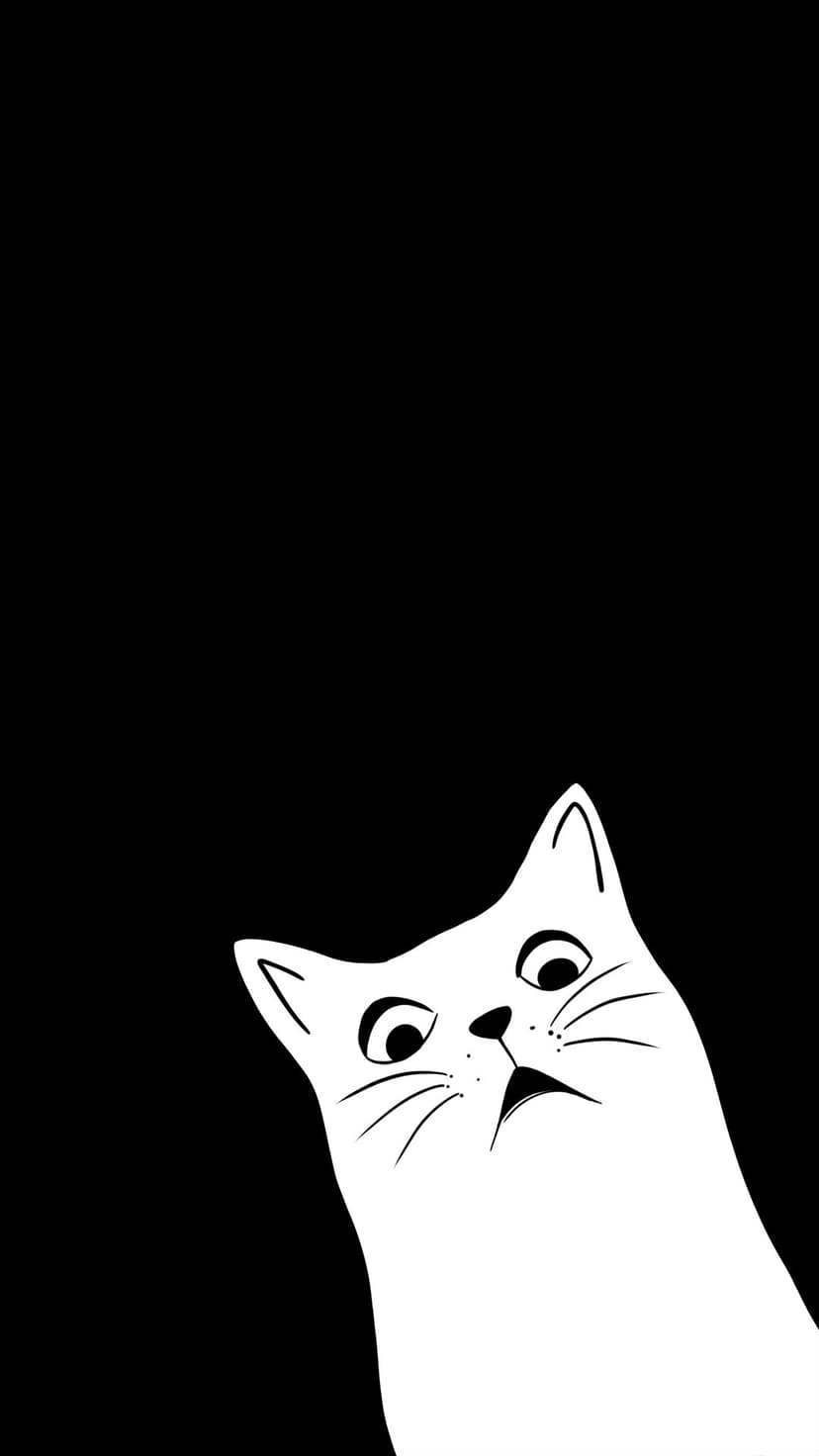 White kitten with wide eyes peeks from the bottom corner against a solid black background in a minimalist style.