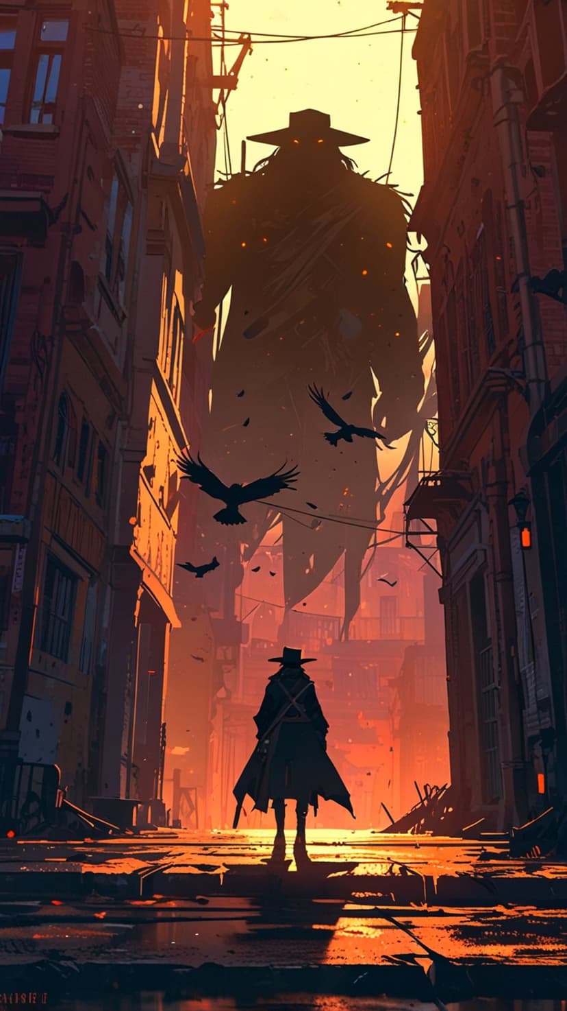 Lone cowboy silhouette stands before a massive spectral giant amidst crumbling skyscrapers and circling crows.