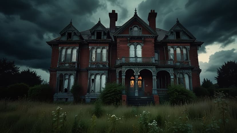 Dilapidated Victorian mansion with red bricks and broken windows under a dark, swirling stormy sky at night.