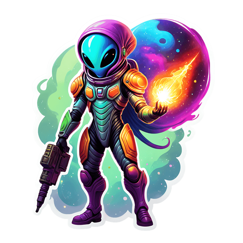 Teal alien soldier holding glowing energy orb and rifle against a vibrant cosmic nebula space background.