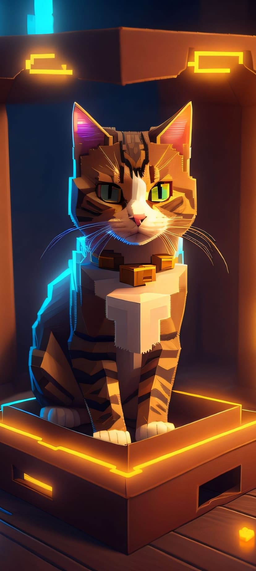 Pixelated tabby cat with green eyes inside a glowing blue and orange cube sitting on a dark wooden surface.