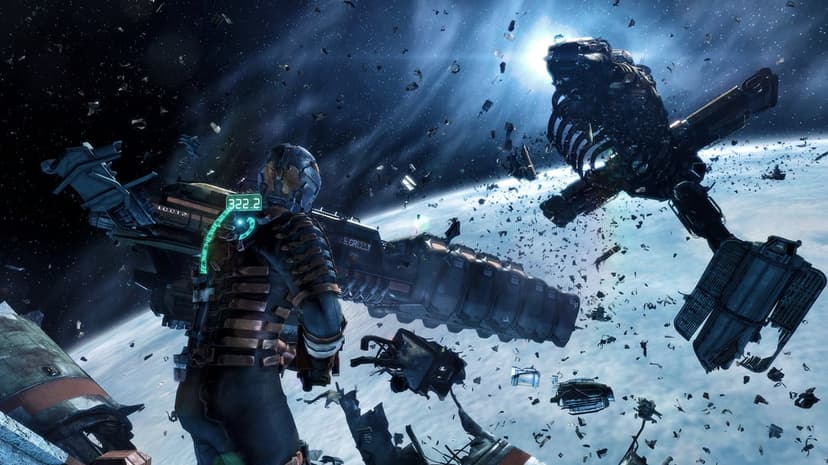 Isaac Clarke in a space suit drifts near the C.M.S. Greely wreckage in a debris-filled planetary orbit.