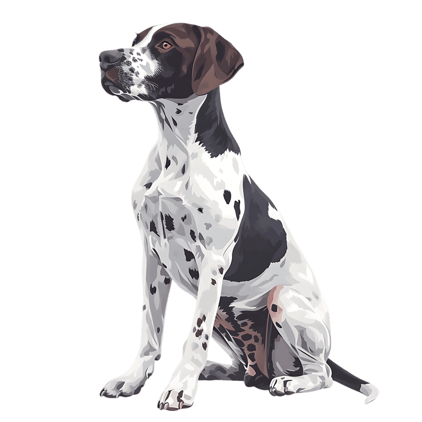 German Shorthaired Pointer dog illustration sitting with a black and white spotted coat and bright amber eyes.