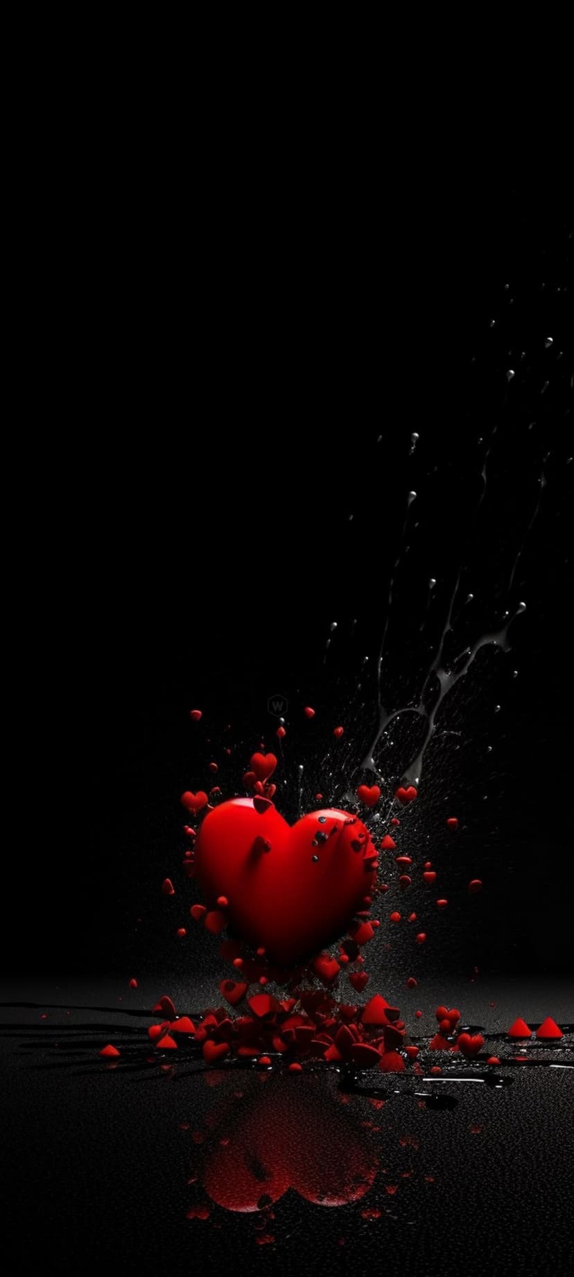 Red 3D heart exploding into tiny fragments and liquid splashes against a dark black high-contrast background.