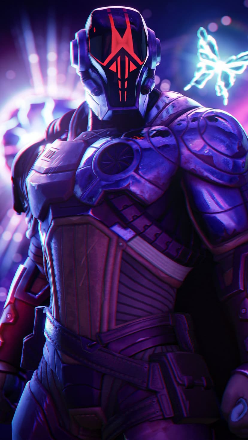 Armored sci-fi warrior with a red glowing visor and purple metallic plates next to a bright neon butterfly.