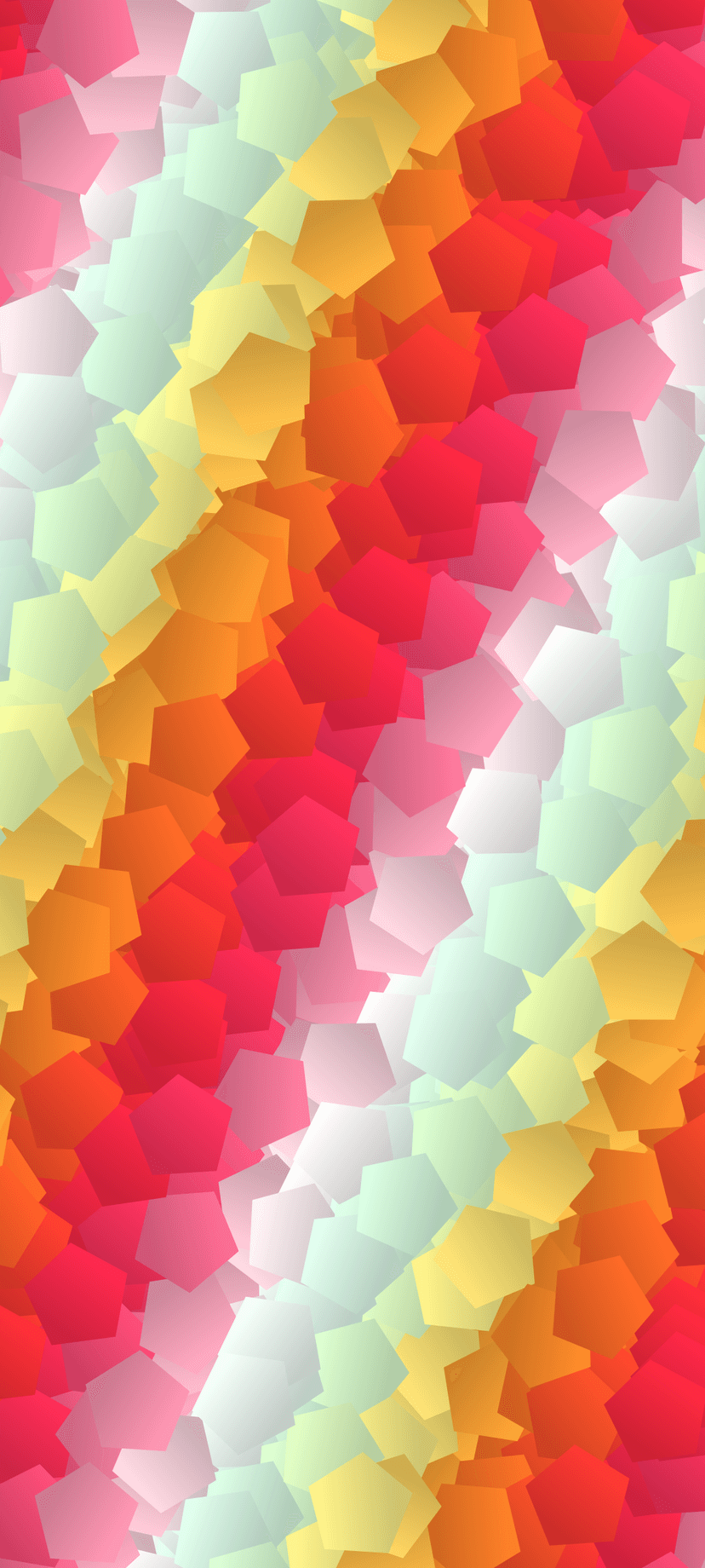 Pentagonal shapes in a rainbow gradient overlap with a subtle texture across a vertical composition.