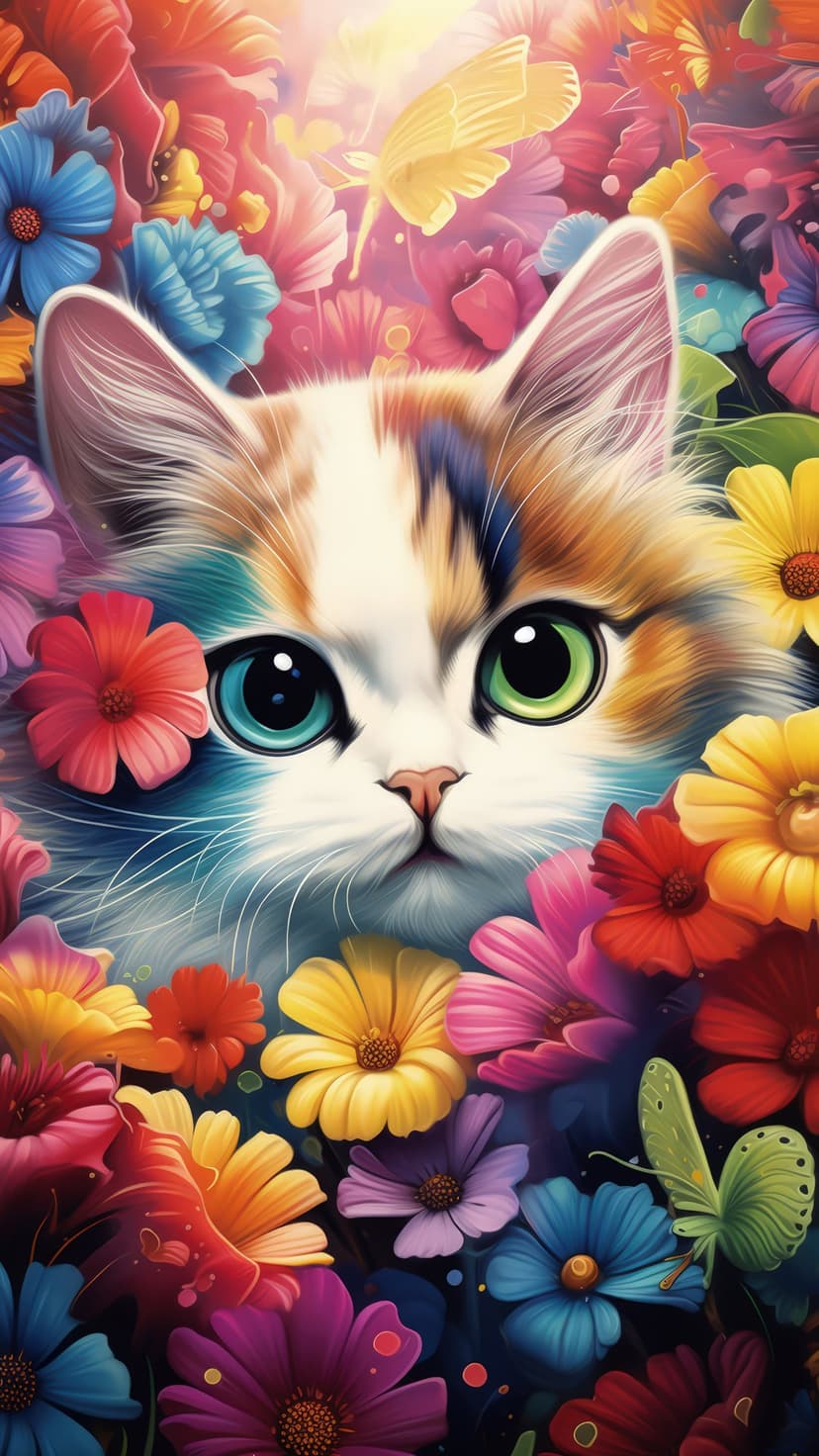 Calico cat with blue and green eyes peeking through blooming flowers while butterflies hover in a sunlit garden.