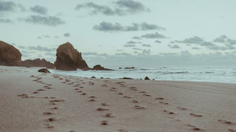 Footprints in wet sand lead toward a calm ocean and rocky shoreline under a cloudy evening sky at dusk.
