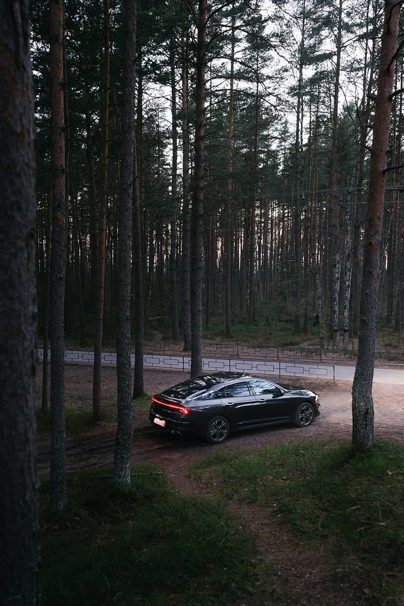 Black sedan with glowing red taillights parked on a dirt path between tall pine trees in a dark forest at dusk.