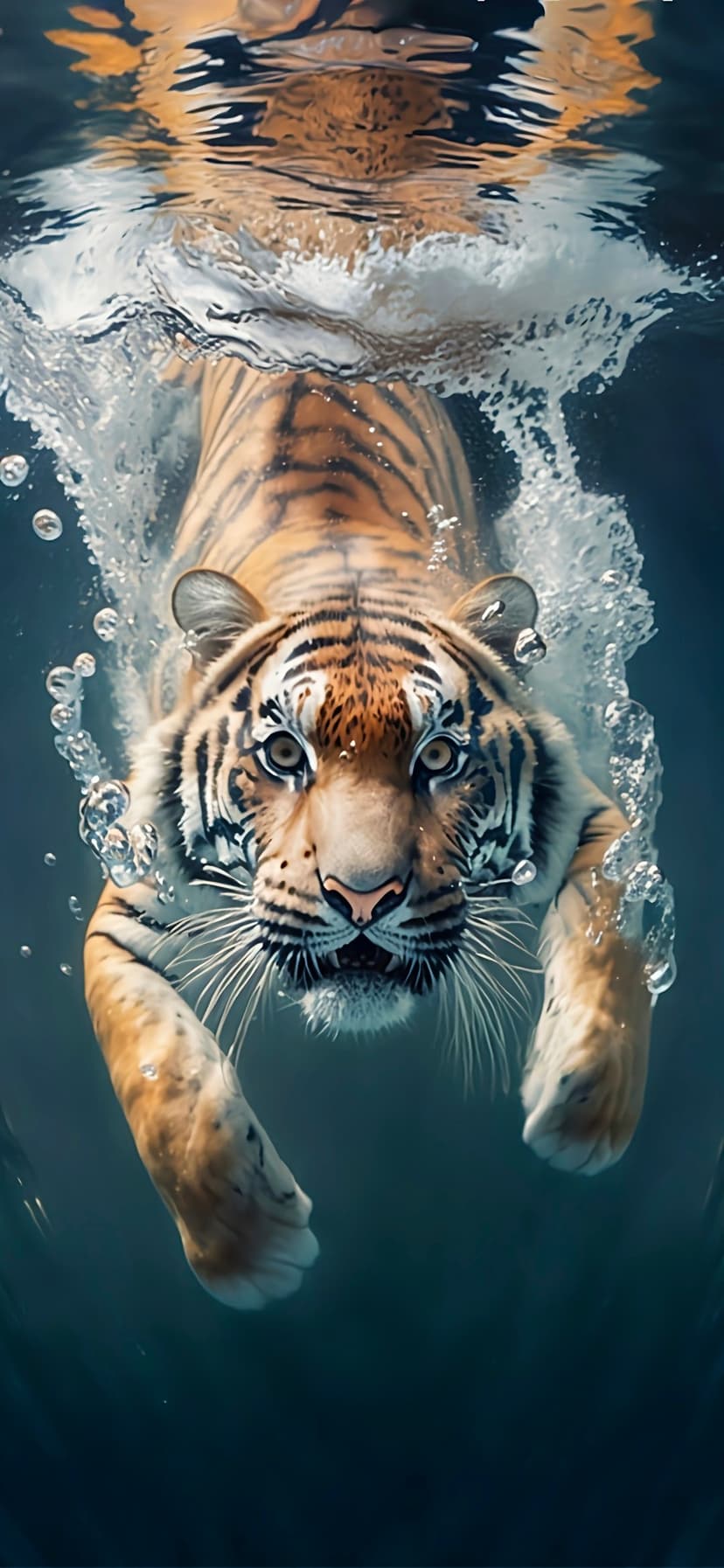 Tiger with intense eyes swims through dark blue water, surrounded by air bubbles and dramatic surface splashes.