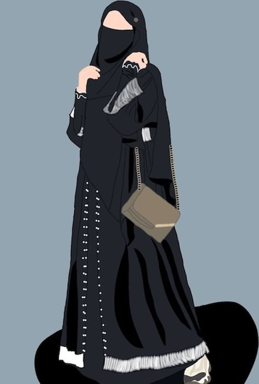 Muslim woman in a black niqab and white polka dot abaya holds a tan handbag with a gold chain strap.
