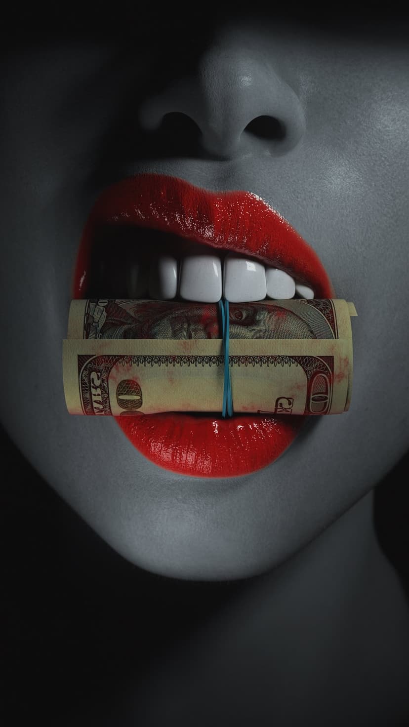 Red lips bite a roll of US dollars secured with a blue band against a dark high-contrast grayscale background.