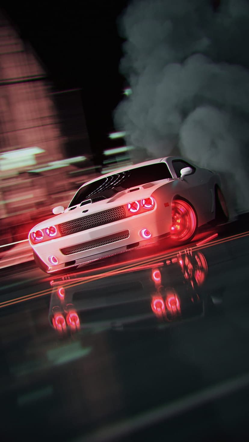 White Dodge Challenger drifting on a wet road with red neon lights and thick smoke plumes in an urban night scene.