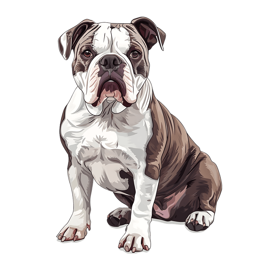 Bulldog portrait illustration showing a brown and white canine with facial wrinkles on a black background.