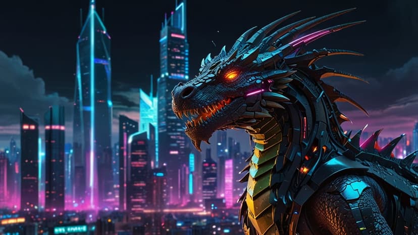 Cybernetic dragon with glowing orange eyes overlooks a neon city with blue and pink skyscrapers at night.