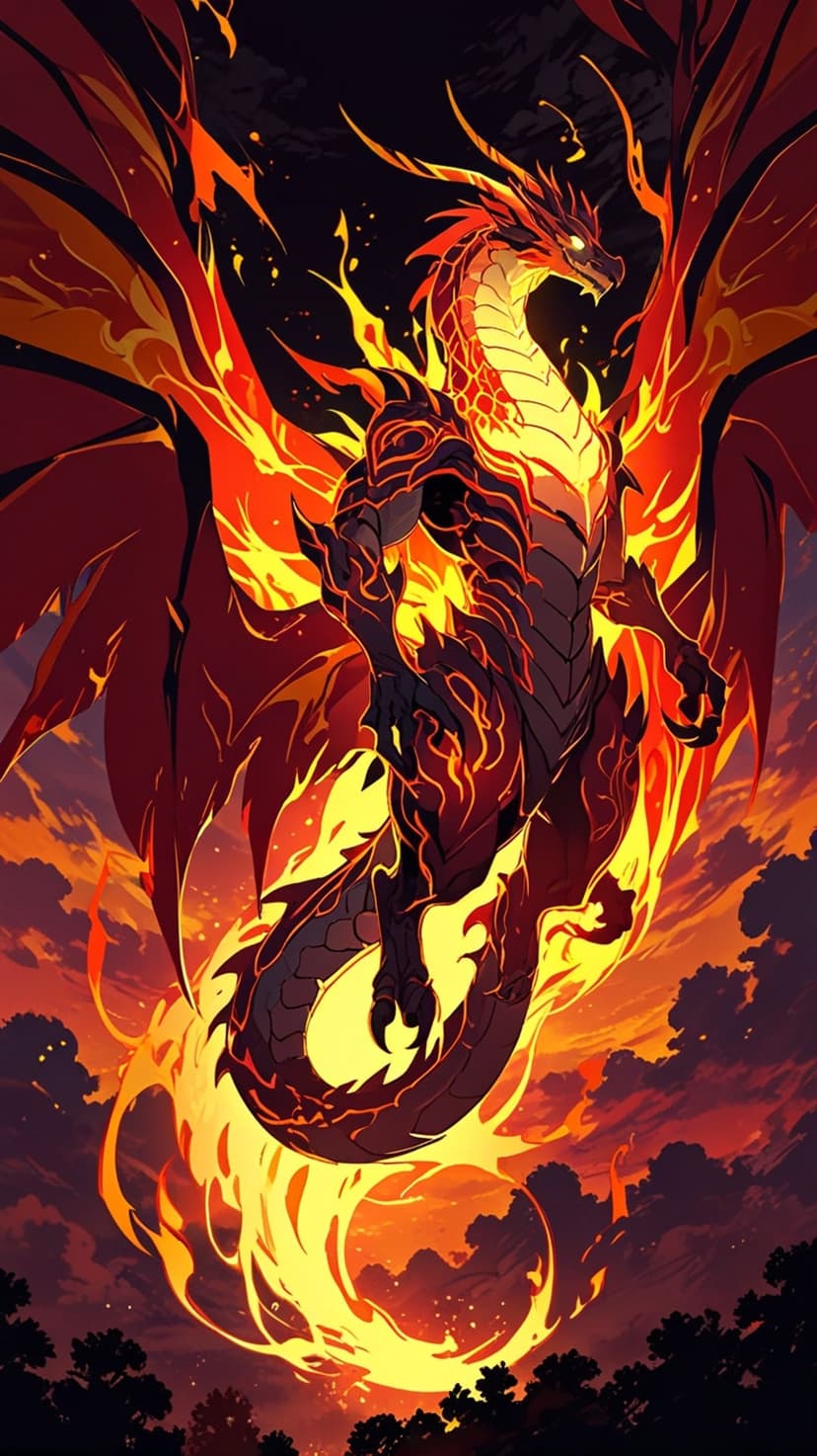Obsidian dragon with glowing red scales soaring through a vortex of flames against an orange and purple sky.
