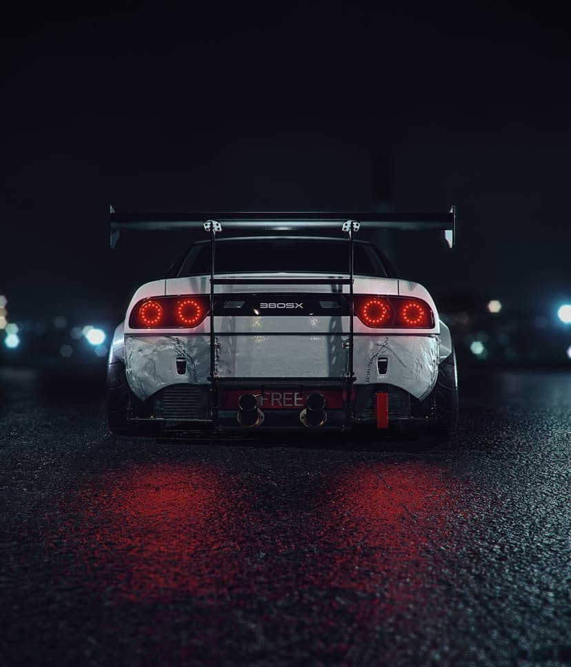 Nissan 300ZX S30 with a white Rocket Bunny kit and large wing parked on wet asphalt under glowing night lights.