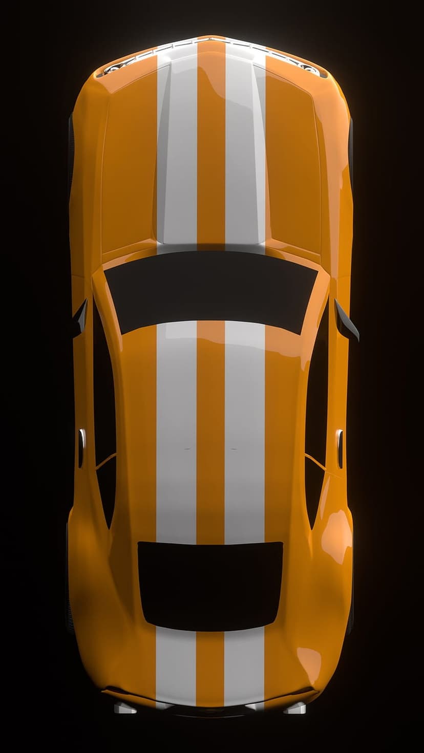 Orange sports car with white racing stripes seen from a top-down perspective on a dark minimalist background.