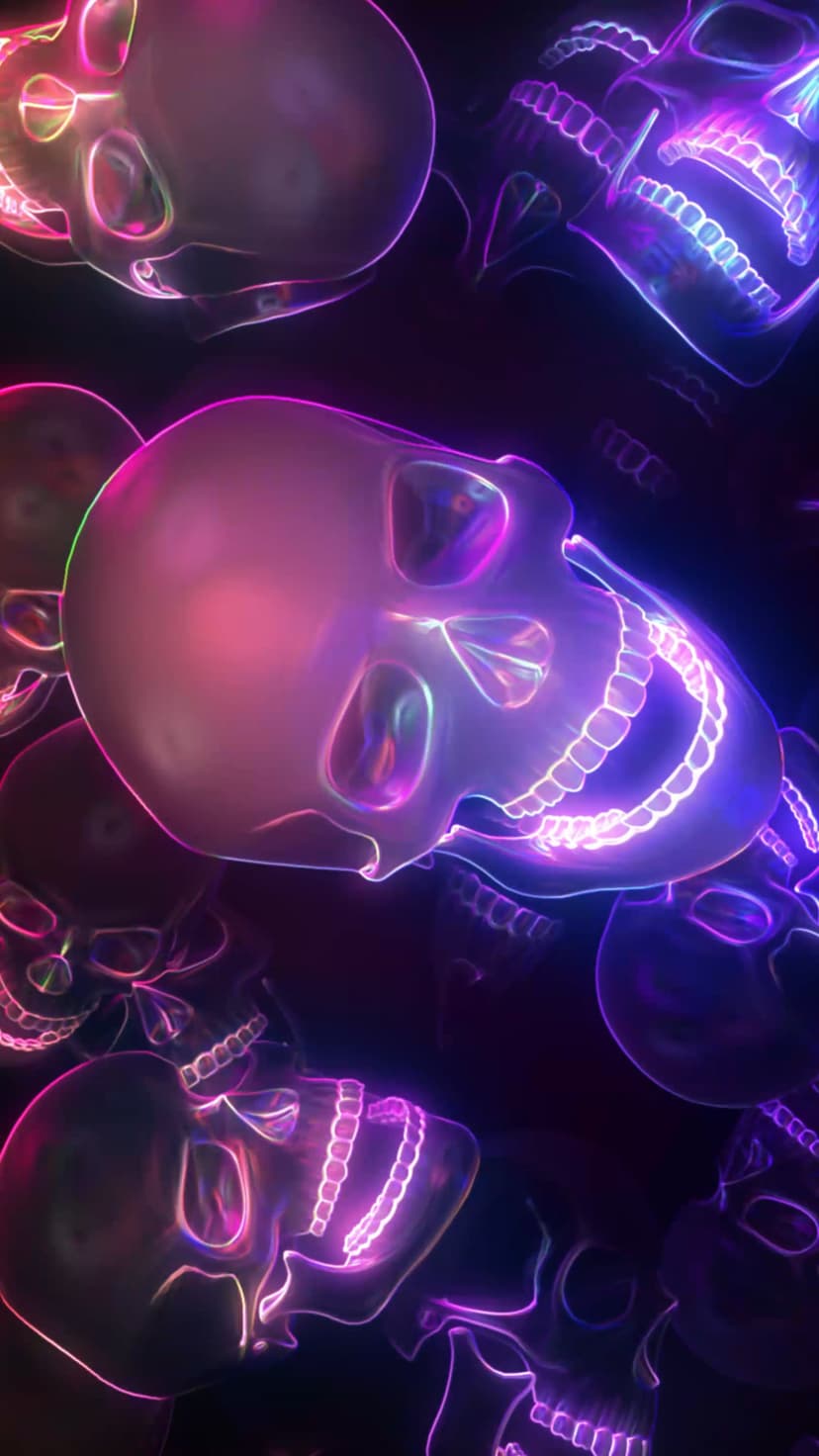 Cluster of skeletal skulls illuminated by vibrant pink and purple neon lights against a dark black background.